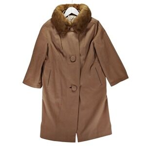Vintage The‎ Fashion Shop Wool Coat Brown Real Fur Collar Camel Mid Century 60s